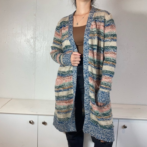 Knit Boho Striped Rag Rug Longline Cardigan Duster - Picture 4 of 9